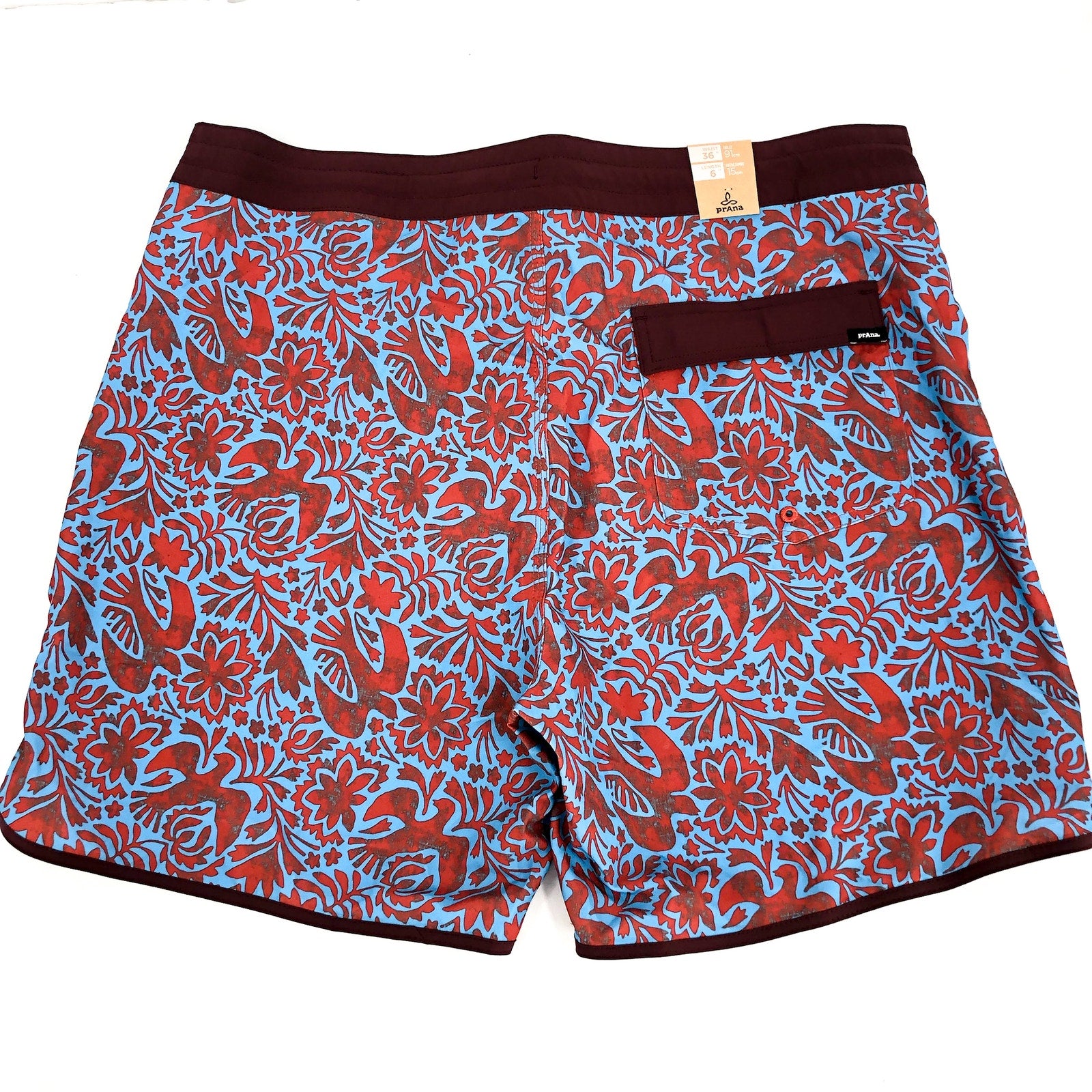 PRANA Men's Vintage Board Short Size 36 Blue Red Rust Flora Fauna 6" Inseam NWT