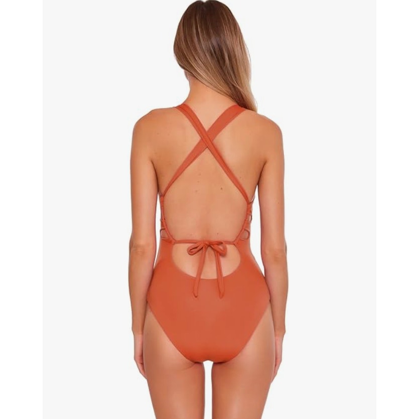 BECCA Womens Skylar Plunge One Piece Swimsuit Small Ginger Orange Color Code NWT