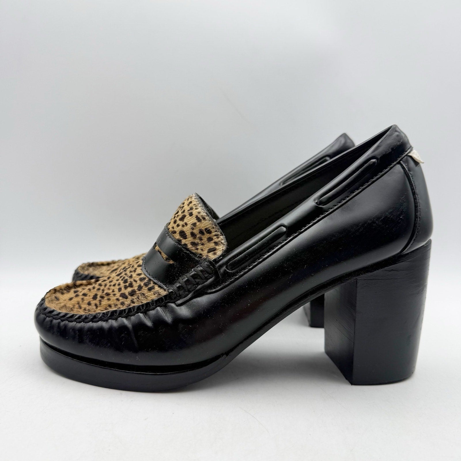 RE/DONE Womens Winsome Heel Loafers US 7 M Black Brown Calf Hair Leather NWOB