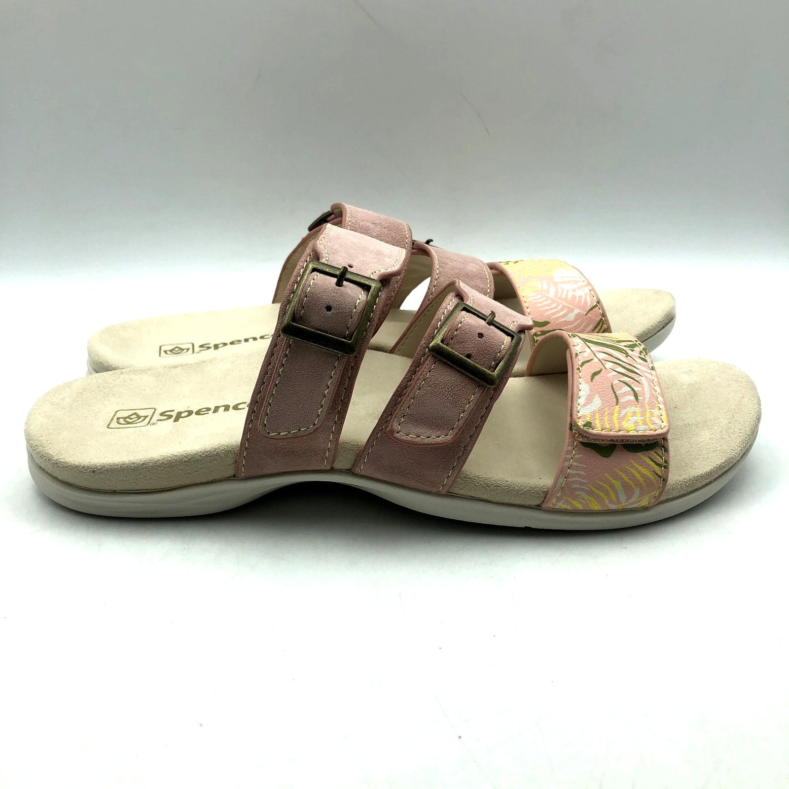 Spenco Womens Orchid Saddle Sandals Size 7.5 Pink Tan 3 Strap Slides NIB