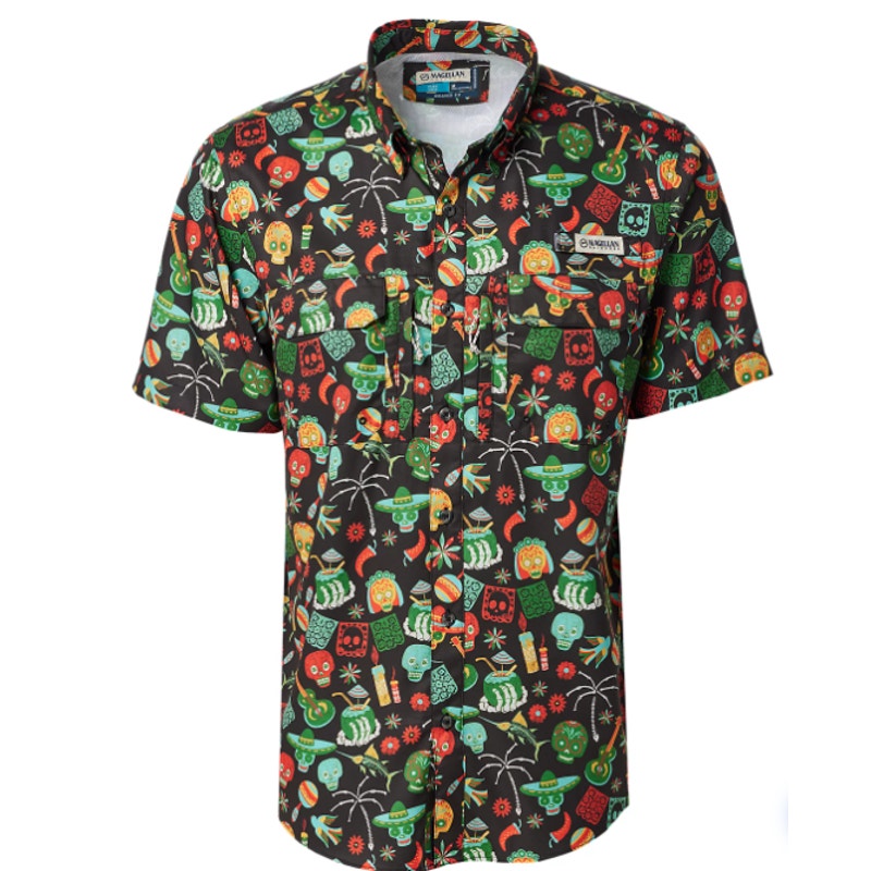 MAGELLAN Dia De Los Muertos Print Fishing Shirt Medium Black Short Sleeve NWOT