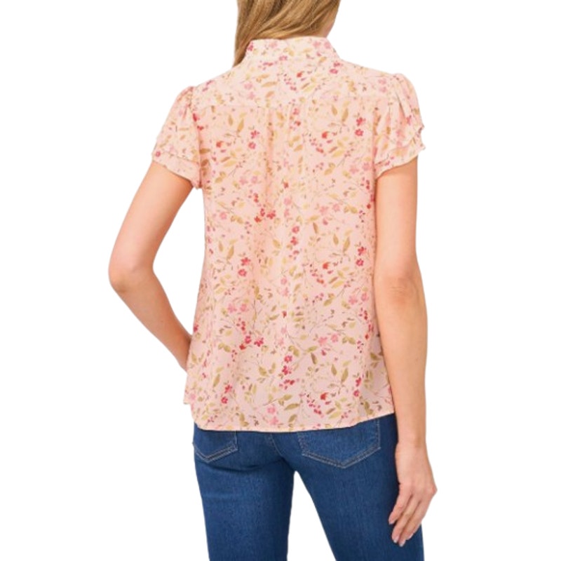 CECE Women's Placket Blouse Medium Pink Floral Double Flutter Short Sleeves NWT