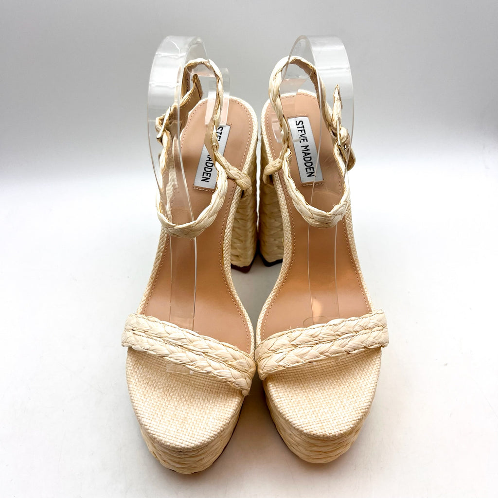 STEVE MADDEN Tiera Platform Heeled Sandals Size 10 Cream Raffia NWOB