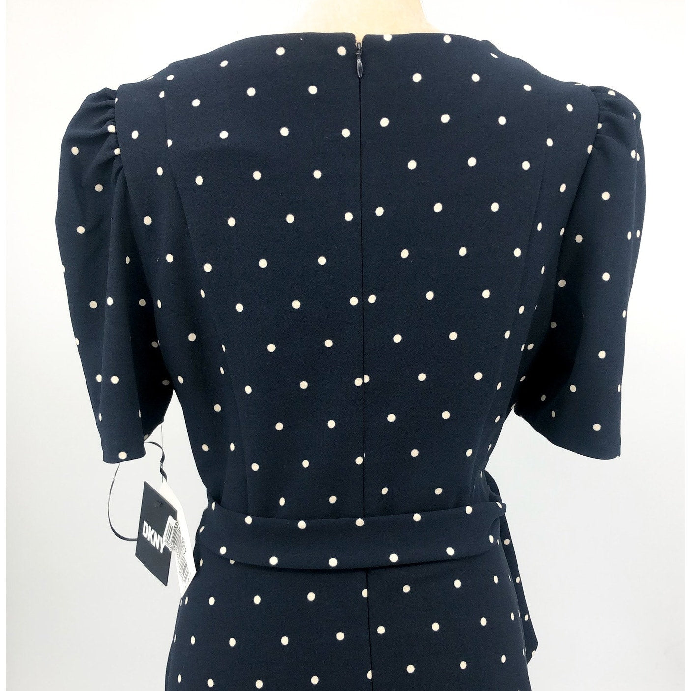 DKNY Women's Polka-Dot Puff-Sleeve Midi Dress Size 12 Navy Waist Tie Belt NWT