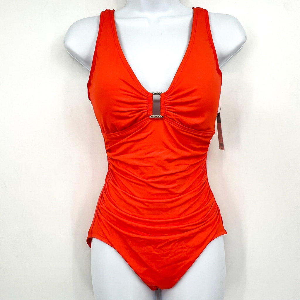LAUREN RALPH LAUREN Ring One Piece Swimsuit Size 12 Orange Over The Shoulder NWT