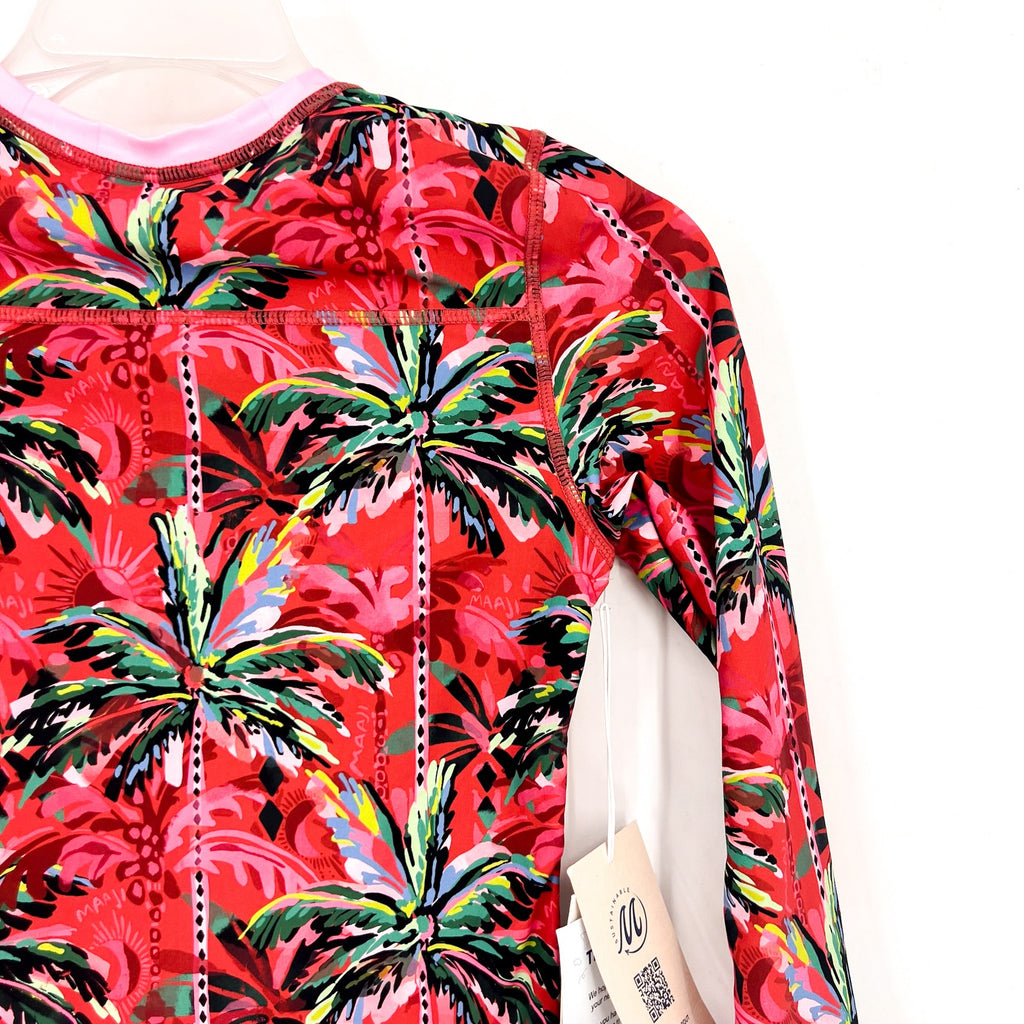 MAAJI Girl's Odyssey Rashguard Swim Top Size 12 Red Flame Palms Long Sleeve NWT