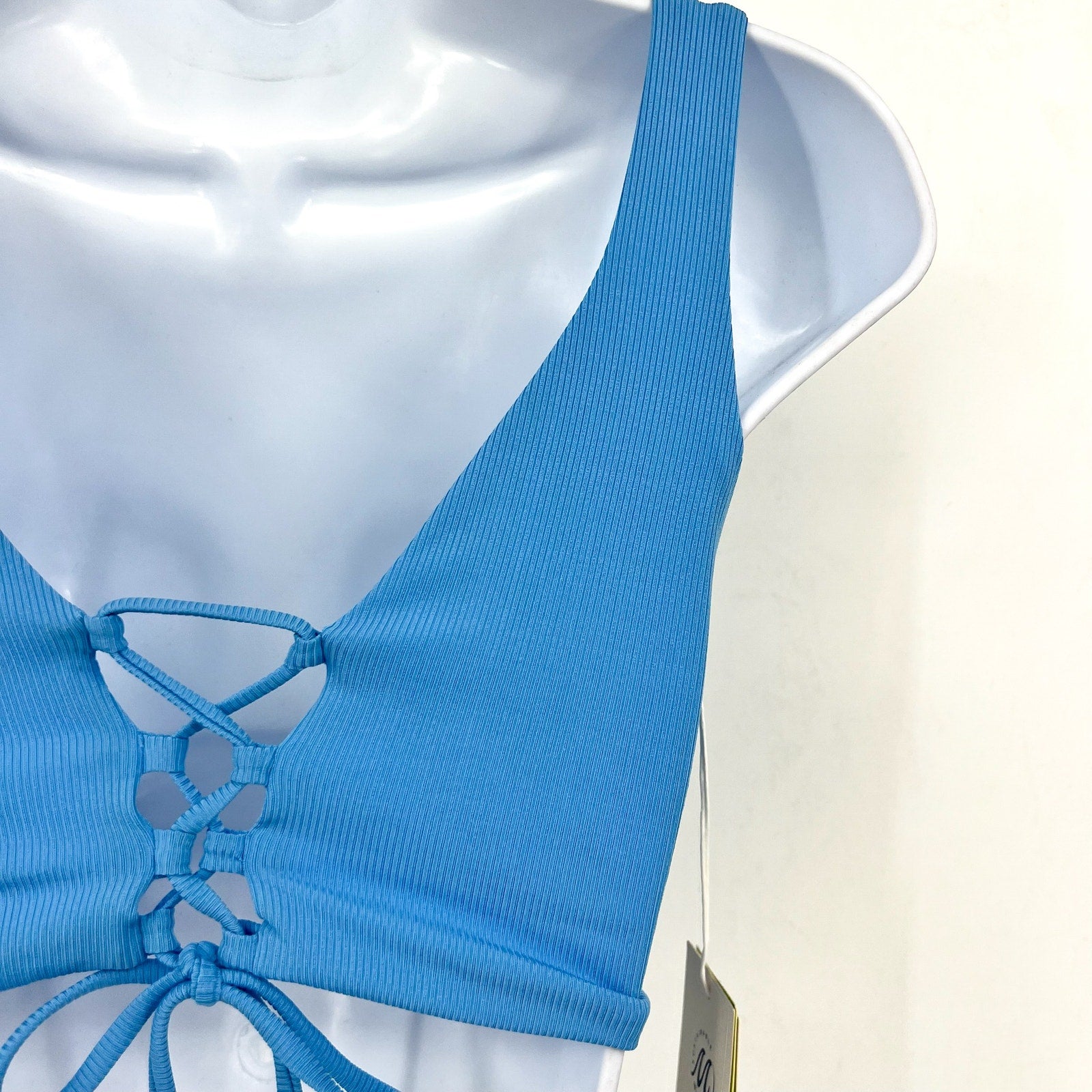 MAAJI Women's Long Line Triangle Bikini Top Medium Allure Blue Lace Up Back NWT