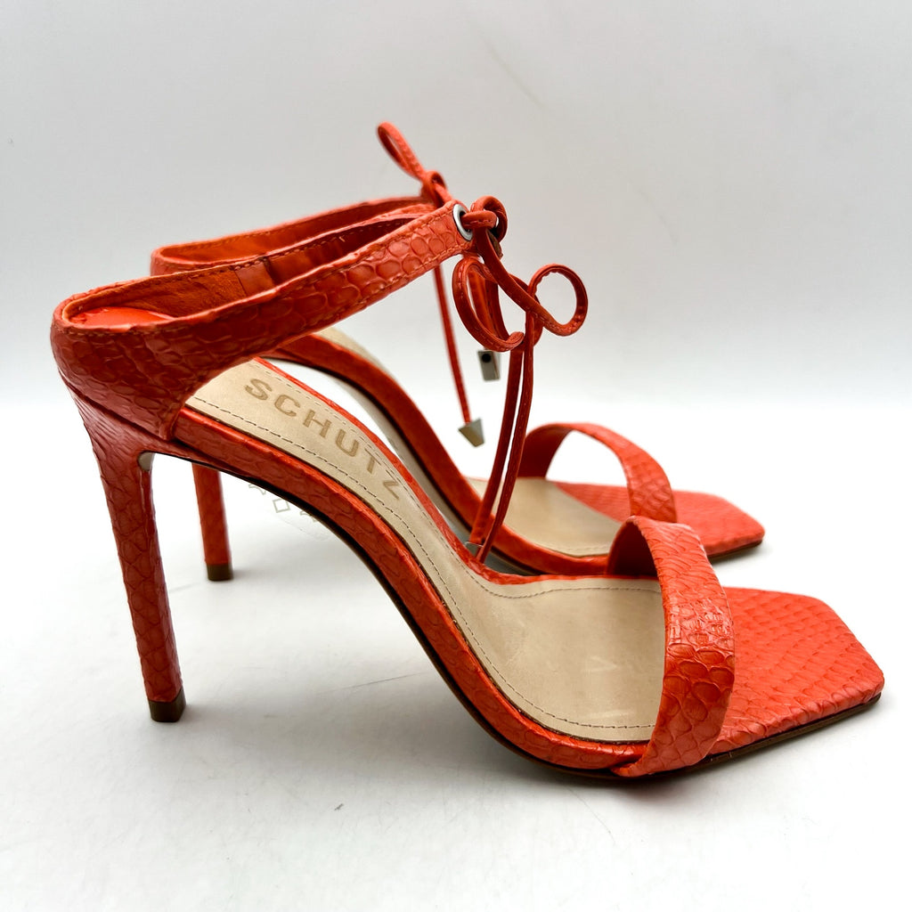 Schutz Womens Mavis Heel Sandal Size 5.5 Snake Shine Bright Orange Leather NIB