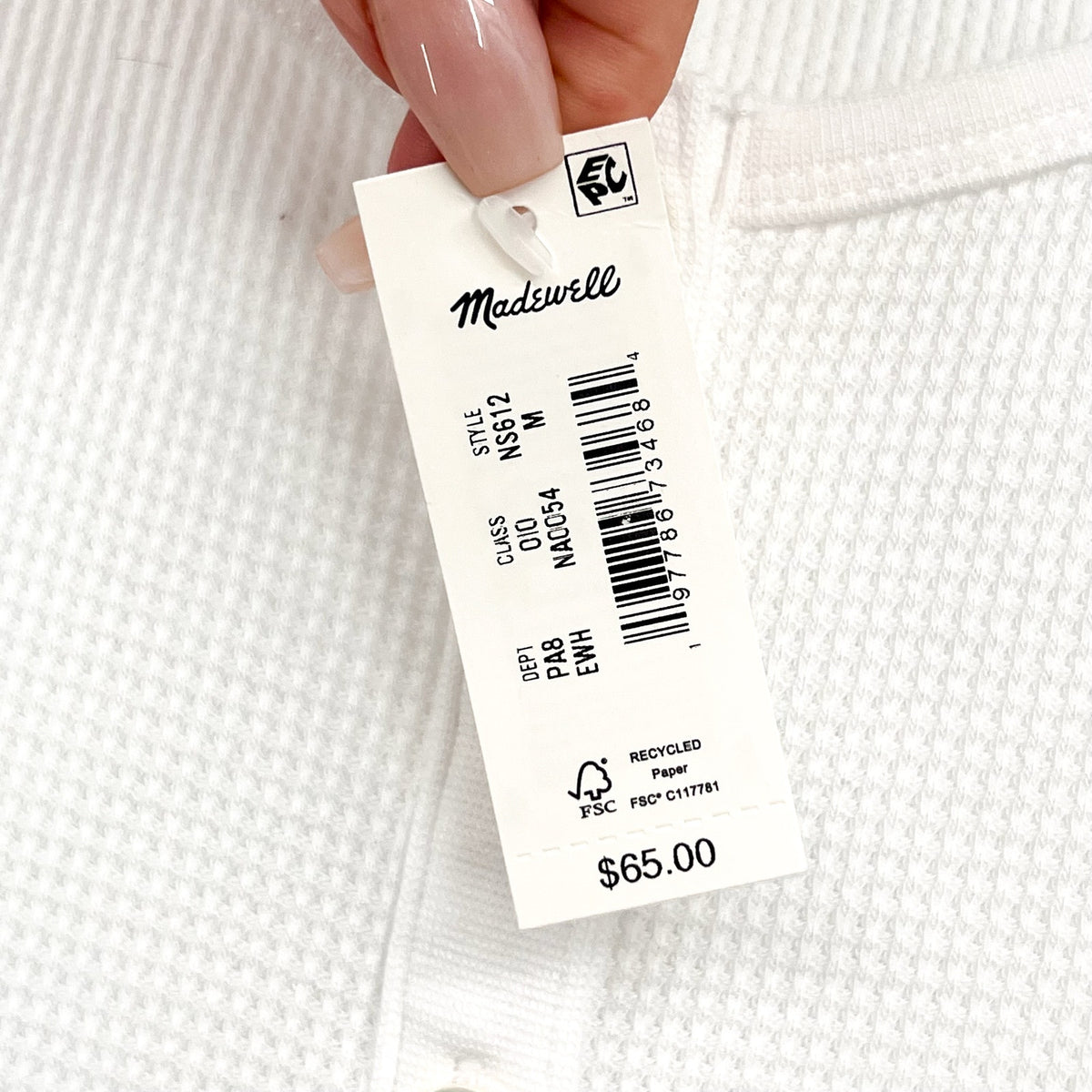 MADEWELL Women's Waffle-Knit Scoopneck Henley Tee Medium White NS612 NWT