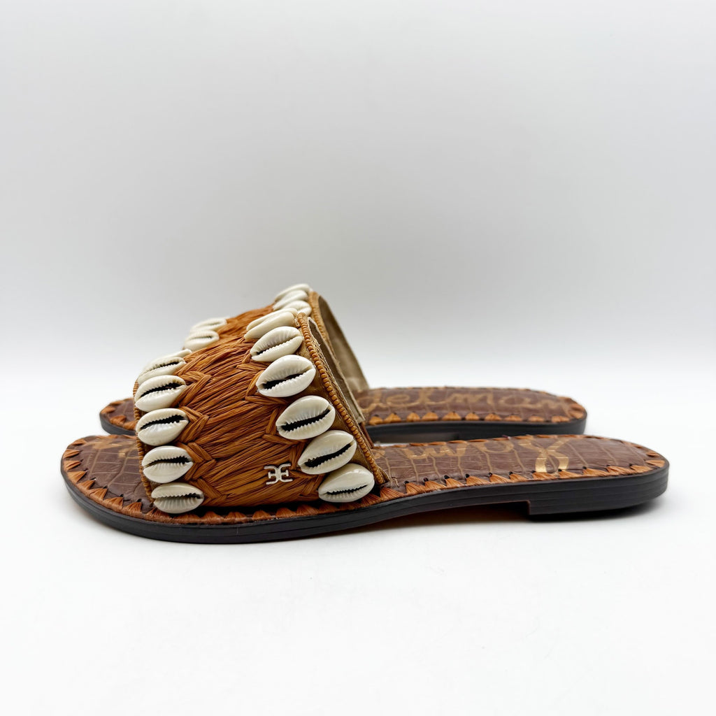 Sam Edelman Womens Gale Sandals US 7.5 M Cognac Tan Seashell Detail Slip On NIB