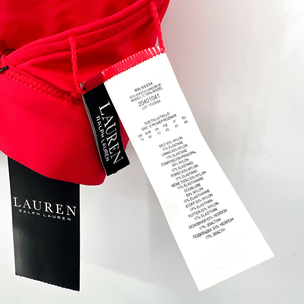 LAUREN RALPH LAUREN Toggle V Neck Bikini Top Size 10 Red Beach Club Solids NWT