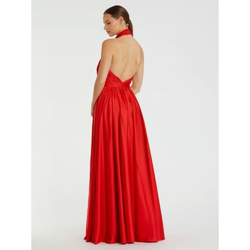 MAC DUGGAL Women's Halter Neck Satin Gown Size 10 Red High Slit Open Back NWT