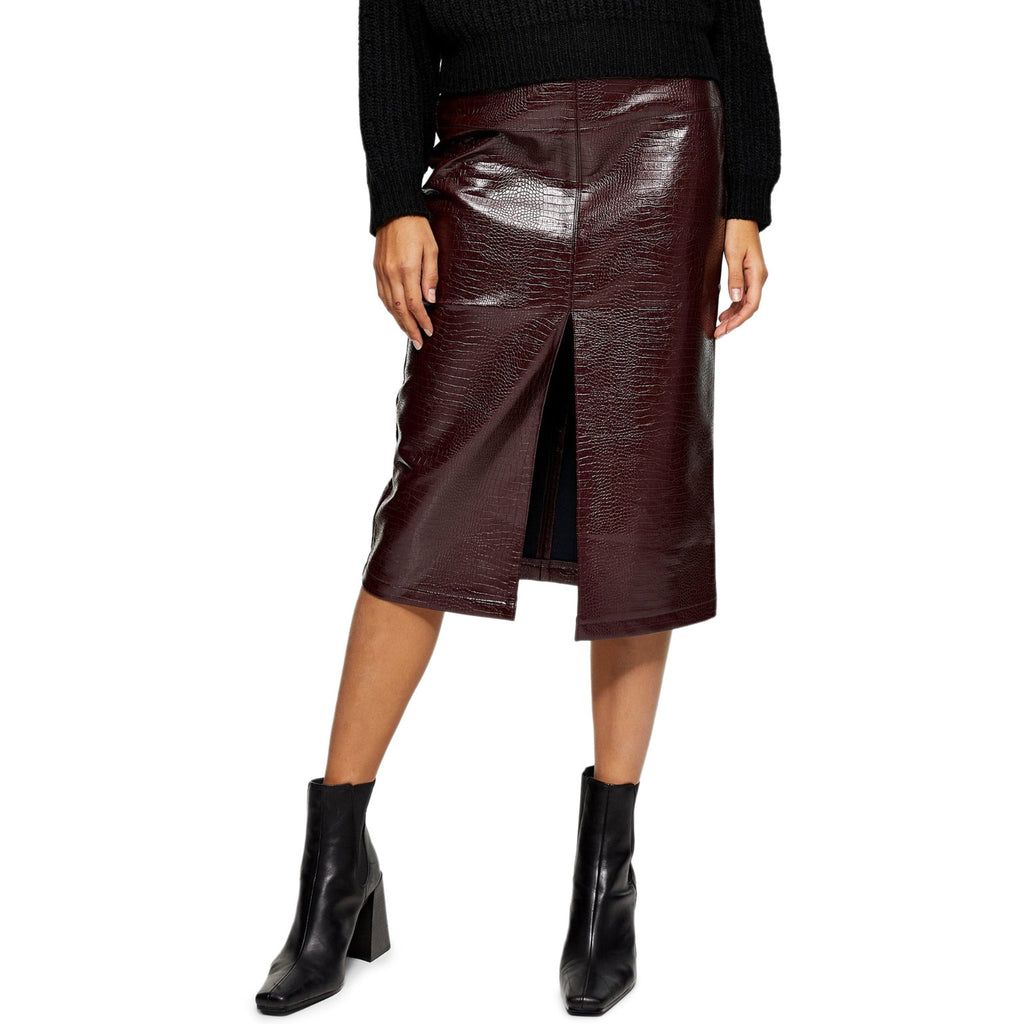 TOPSHOP Women's Crocodile Pencil Midi Skirt Size 8 Red Burgundy Faux Leather NWT