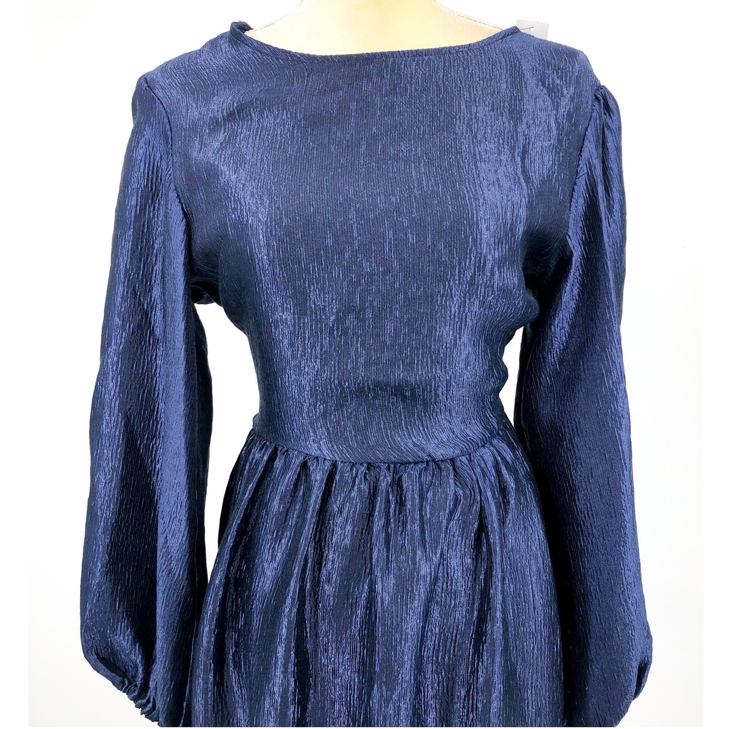 TOPSHOP Open Back Midi Dress Size 8 Midnight Blue Textured Jacquard Boho NWT