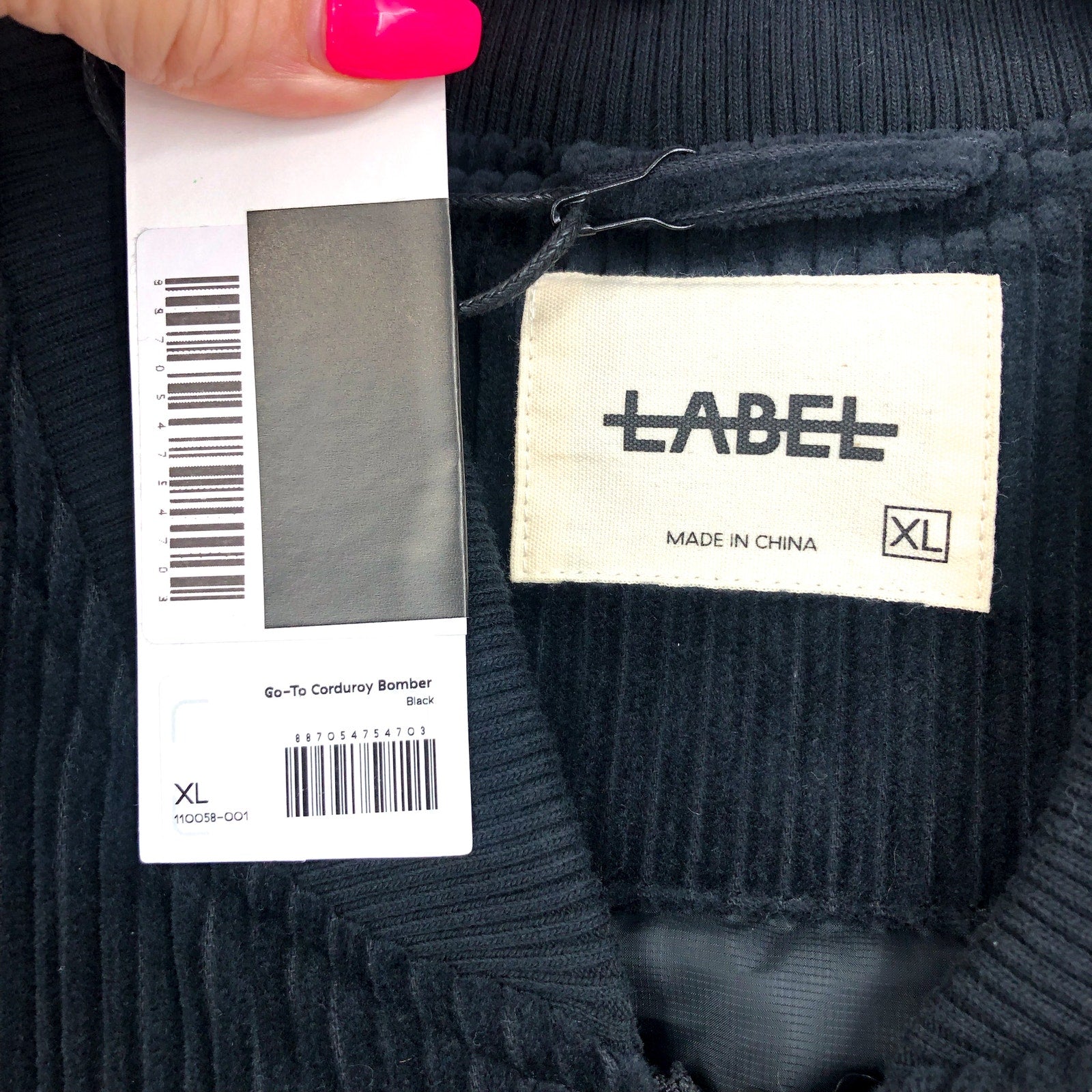 LABEL Unisex Go-To Corduroy Bomber Jacket XL Black Full Zip Long Sleeve NWT