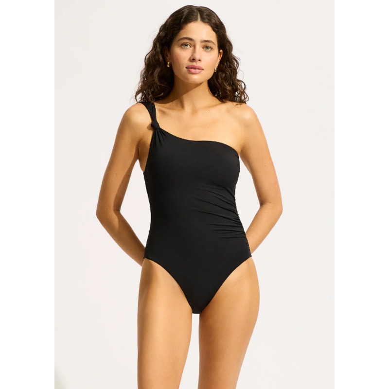 SEAFOLLY COLLECTIVE One Shoulder One Piece Size 8 Black Ruched NWT