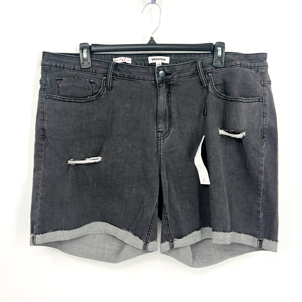 VIGOSS Womens Marley Cuffed Denim Shorts 22W Washed Black Mid Rise Raw Edge NWT
