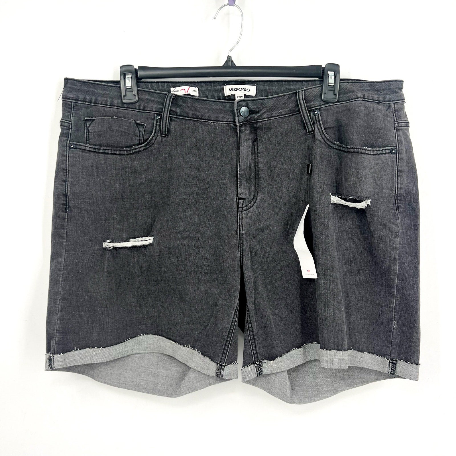 VIGOSS Womens Marley Cuffed Denim Shorts 22W Washed Black Mid Rise Raw Edge NWT