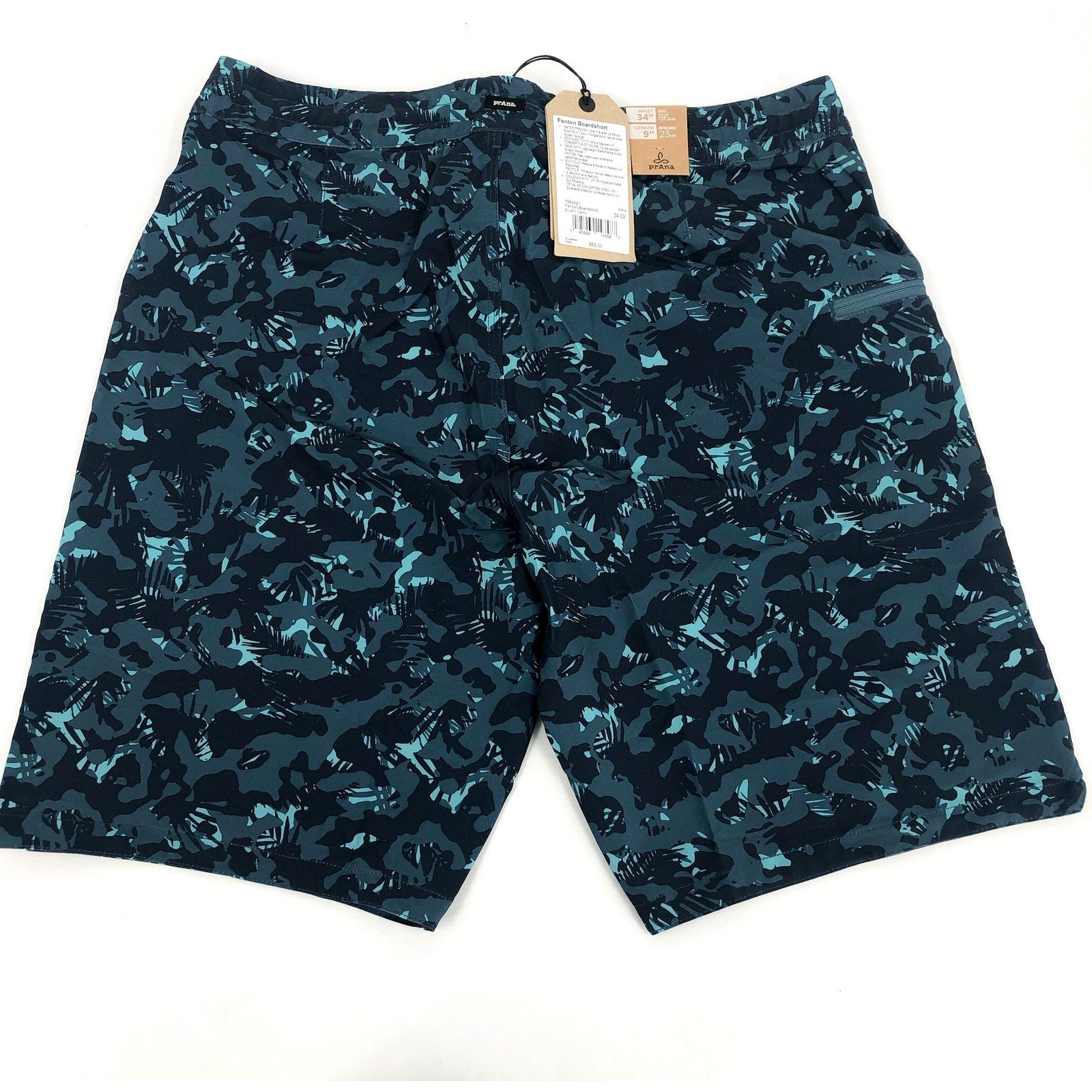 PRANA Men's Fenton Board Shorts Size 34 Large Bluefin Camo 9" Inseam UPF 50+ NWT