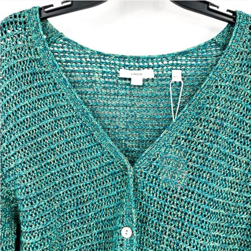 VINCE Women's Marled Crochet Cardigan Green Marl Small V-Neck Cotton NWT