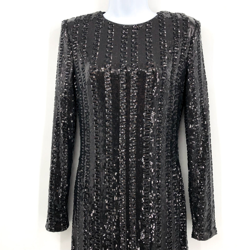 Dress The Population Long Sleeve Sequin Midi Dress Small Black Front Slit NWOT