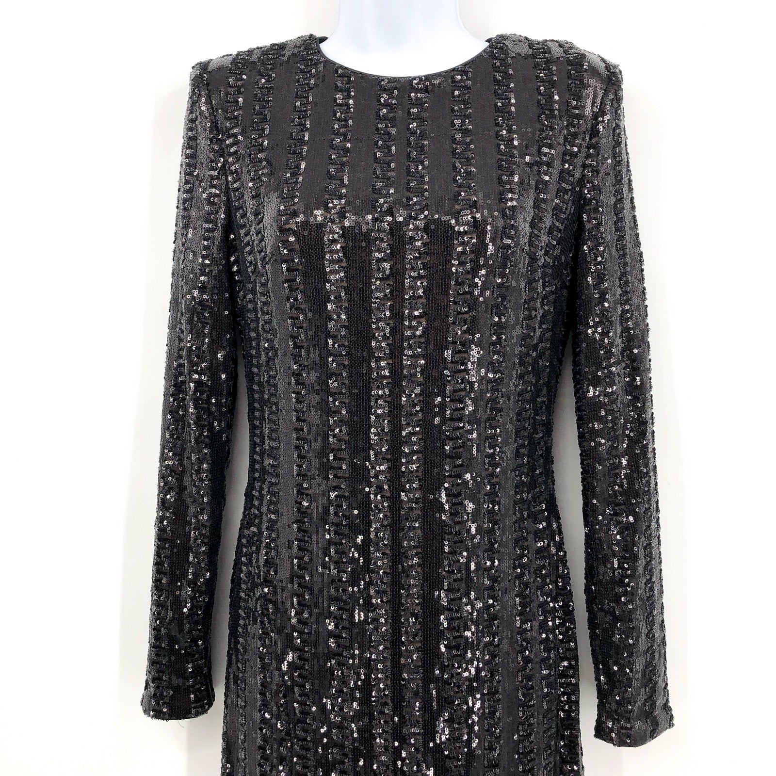 Dress The Population Long Sleeve Sequin Midi Dress Small Black Front Slit NWOT