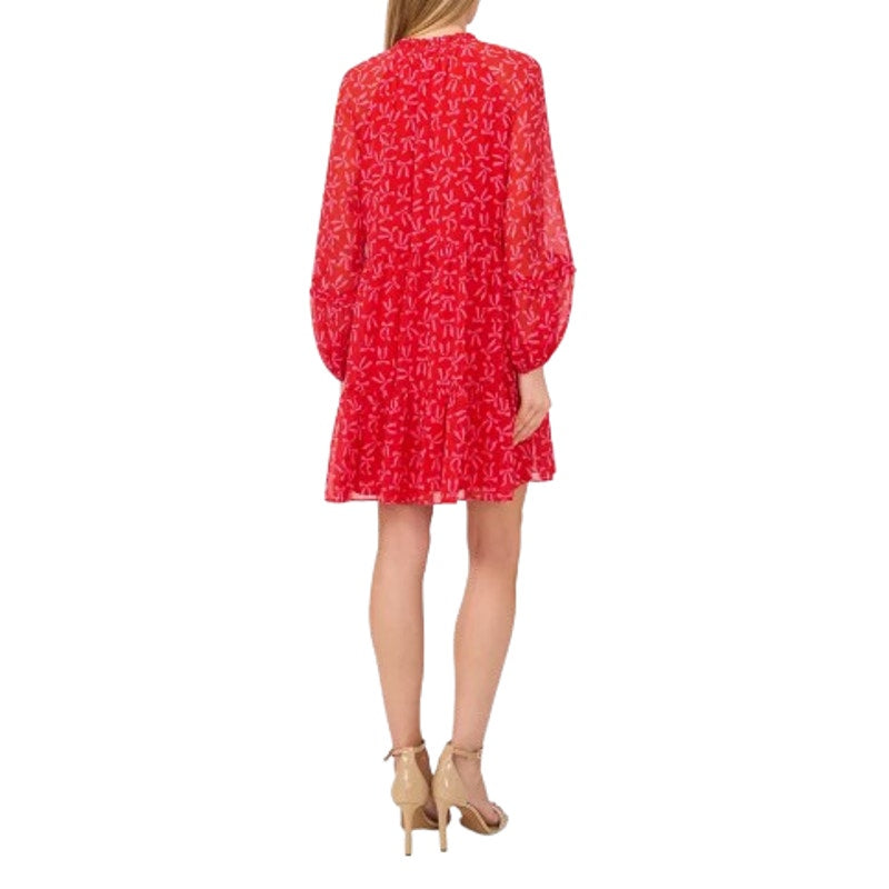 CECE Women's Bow-Print Babydoll Dress Large Red Pink Long-Sleeve NWT