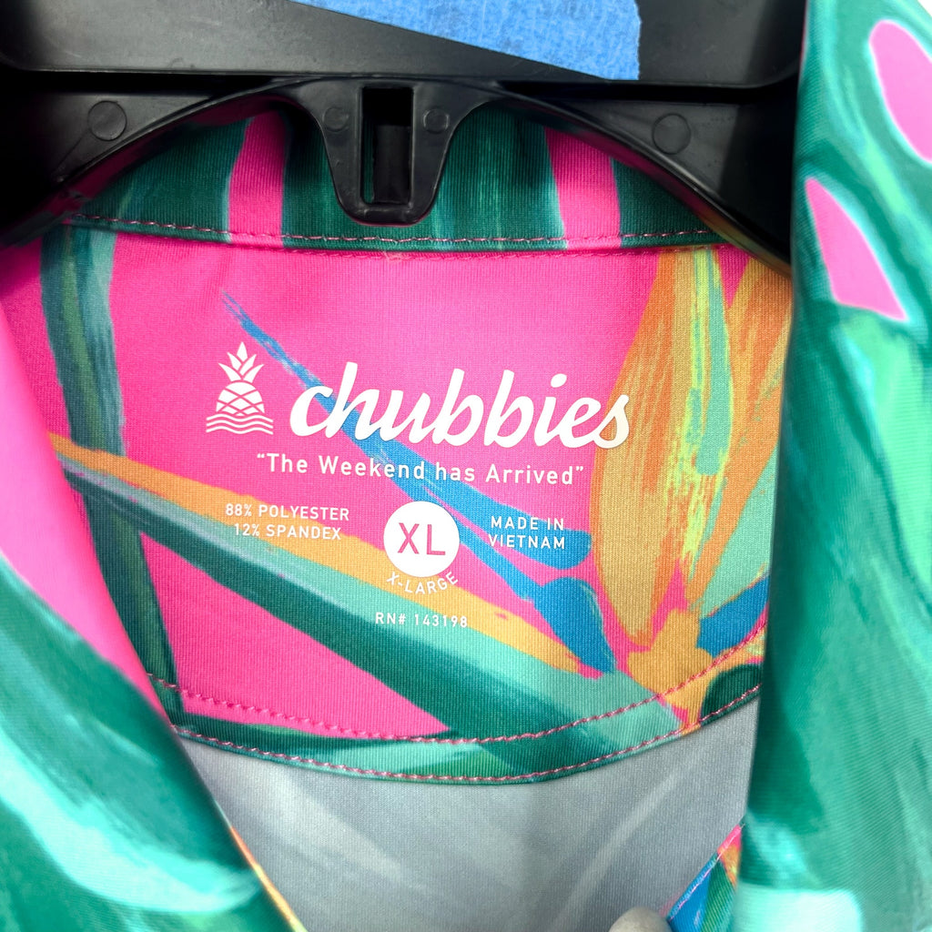 CHUBBIES Mens Performance Polo Shirt XL Pink Green Birds Paradise SS NWT