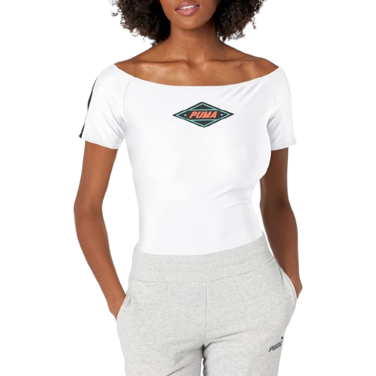 PUMA Women's XTG Bodysuit Shirt Medium White Multicolor Off Shoulder NWT