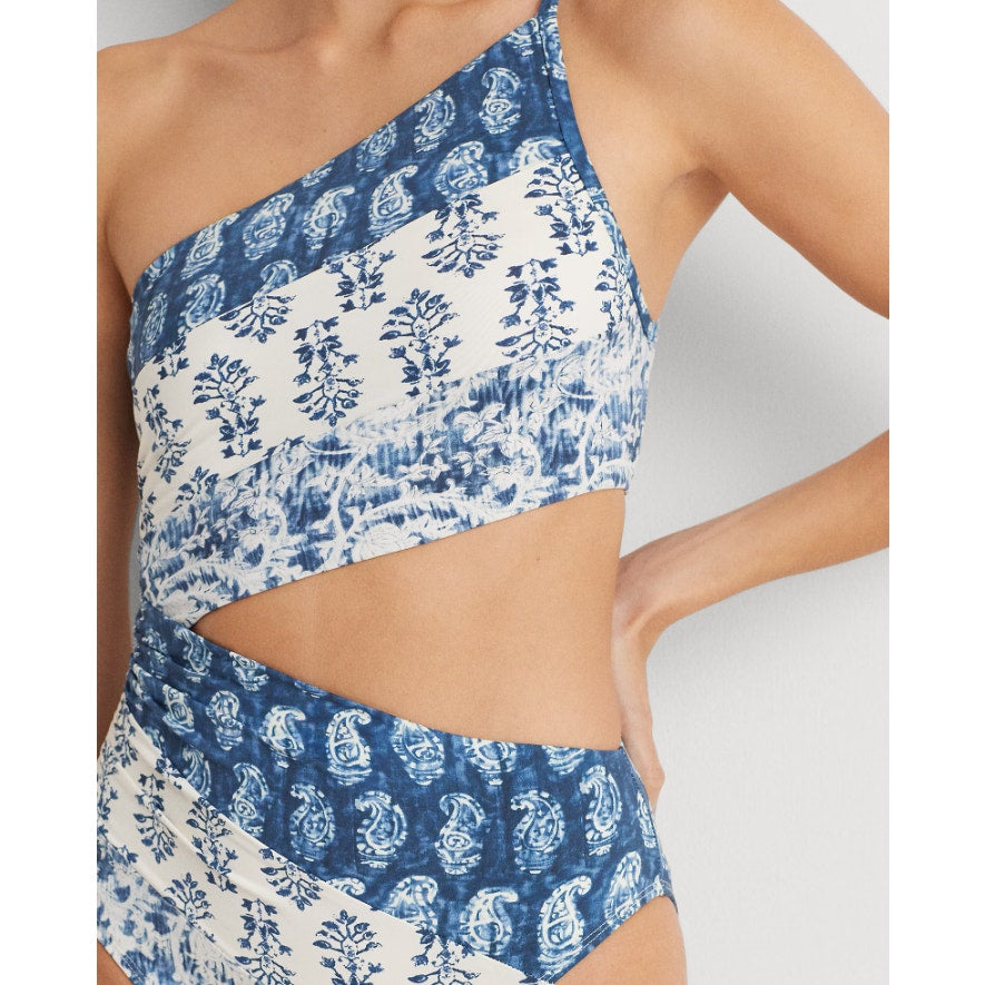 Lauren Ralph Lauren Printmix One Shoulder One Piece Swimsuit Size 8 Blue NWT