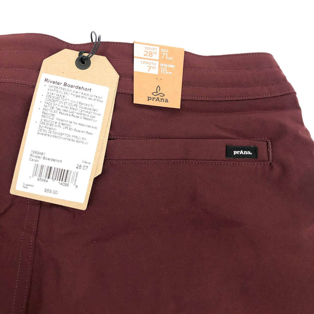 PRANA Men's Riveter Board Shorts Size 28 Dark Red Cacao 7" Inseam Drawstring NWT