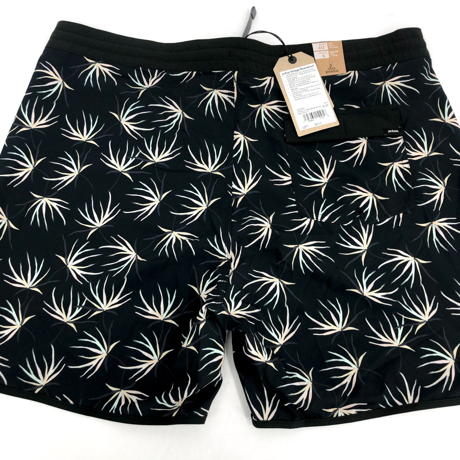 PRANA Men's Vintage Boardshort Size 40 Black Bloom 6" Inseam Drawstring NWT