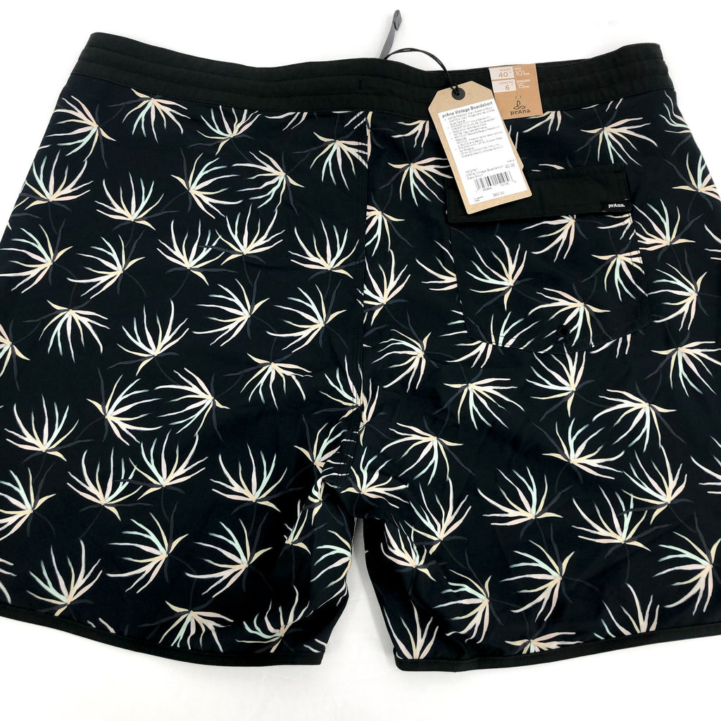 PRANA Men's Vintage Boardshort XXL 40 Black Bloom 6" Inseam Drawstring NWT