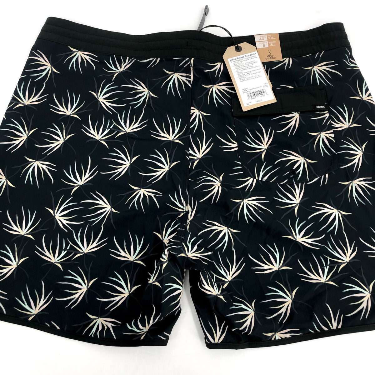 PRANA Men's Vintage Boardshort XXL 40 Black Bloom 6" Inseam Drawstring NWT