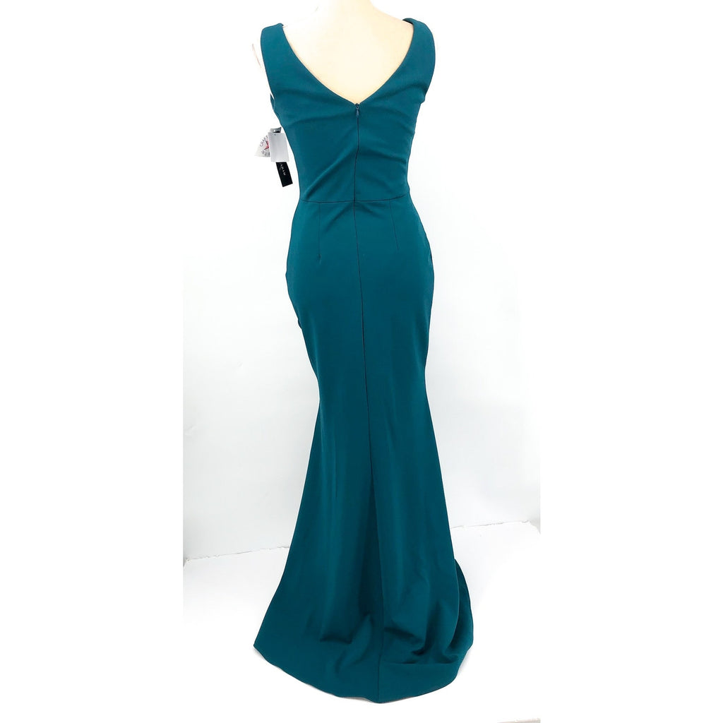 BETSY & ADAM Women's Christine Scuba Crepe Gown Size 4 Azure Blue Ruffle Bow NWT