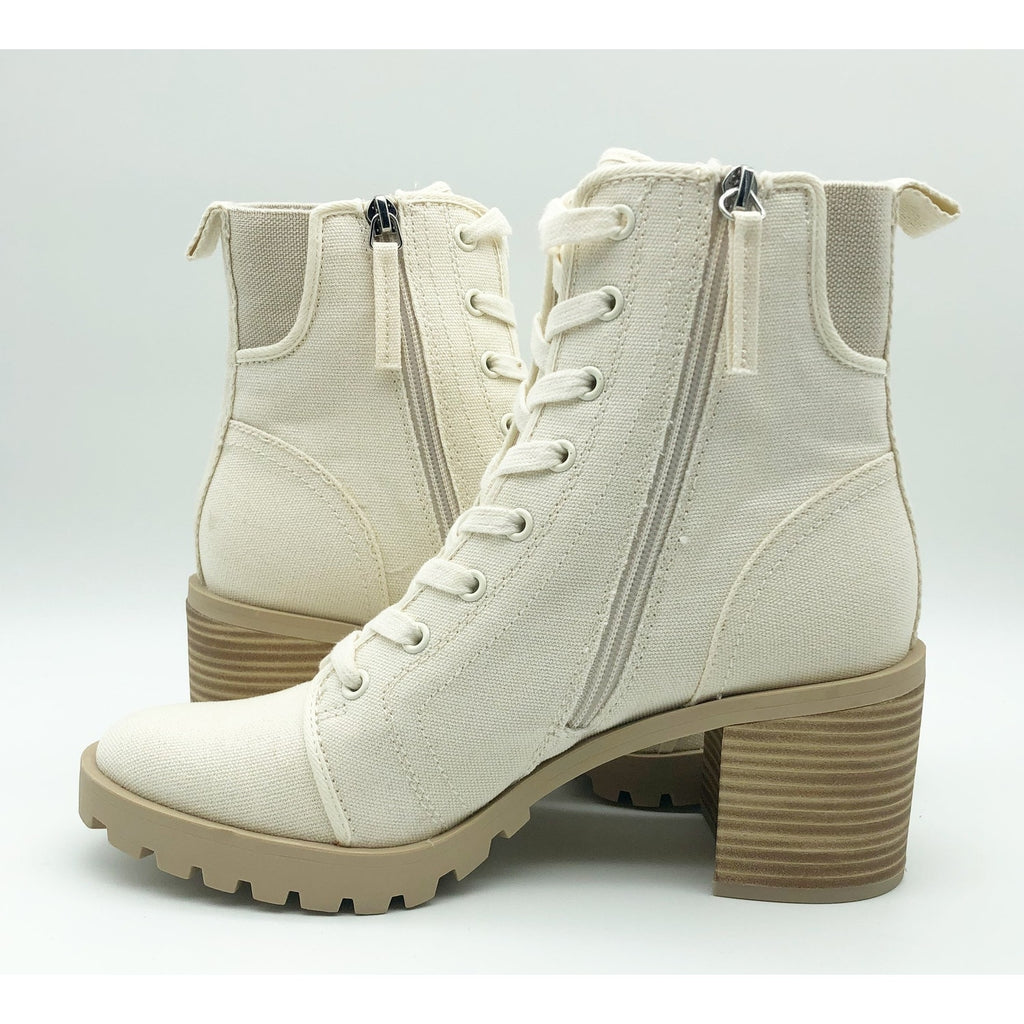Dolce Vita Womens Combat Boots Size 6.5 Stacked Heel Off White Canvas NWOB