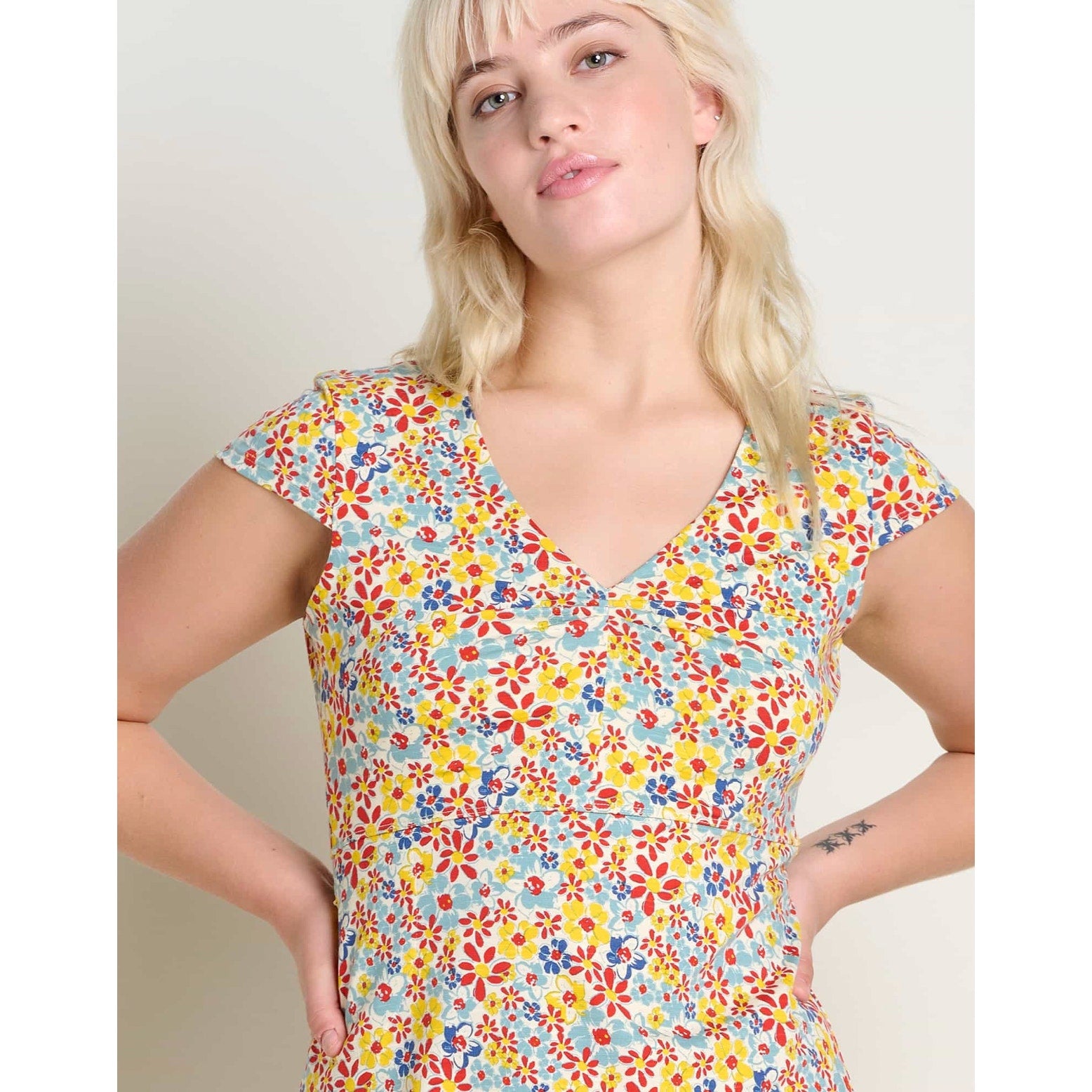 TOAD & CO Womens Rosemarie Dress XS Yellow Red Barley Floral Short Sleeve NWT