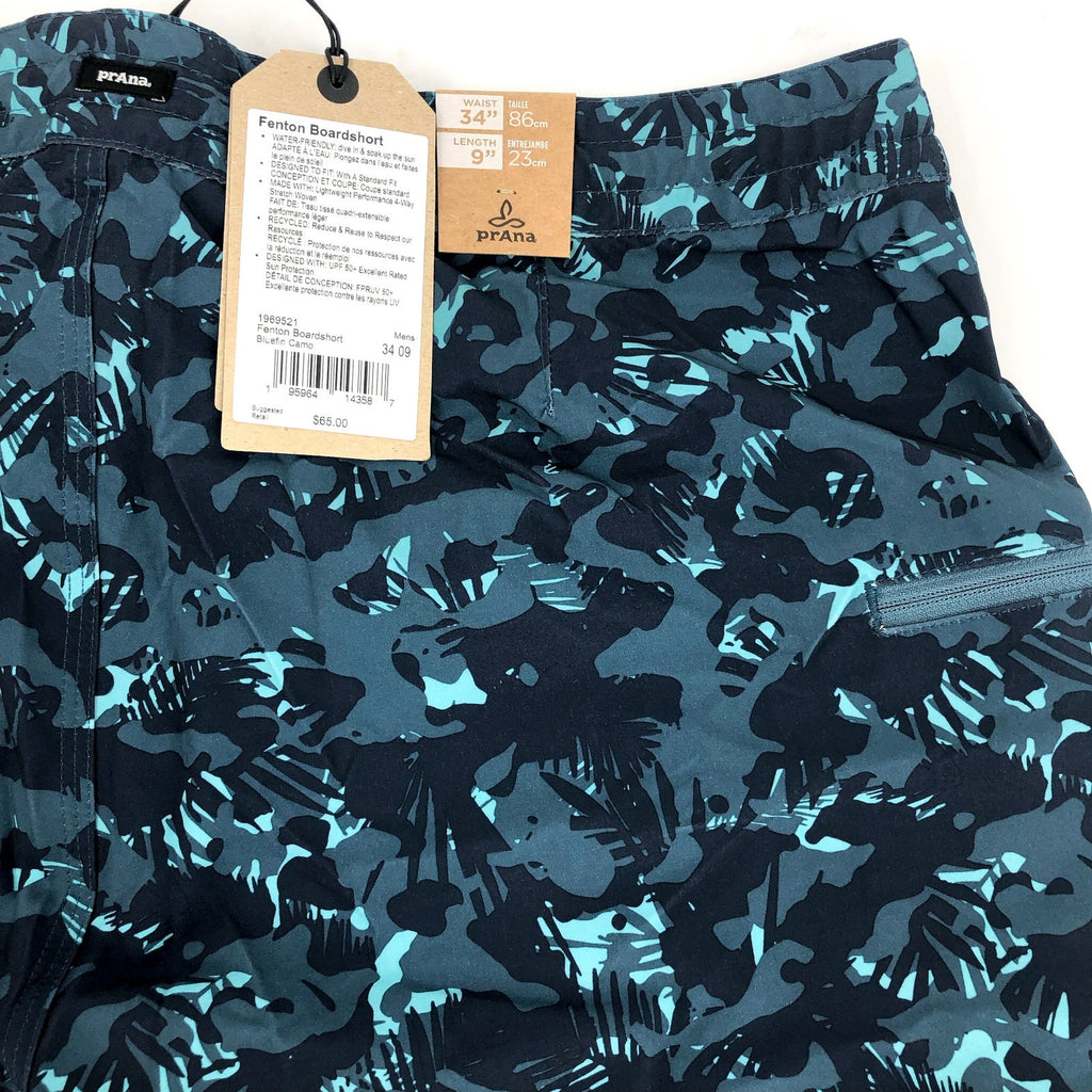PRANA Men's Fenton Board Shorts Size 34 Large Bluefin Camo 9" Inseam UPF 50+ NWT