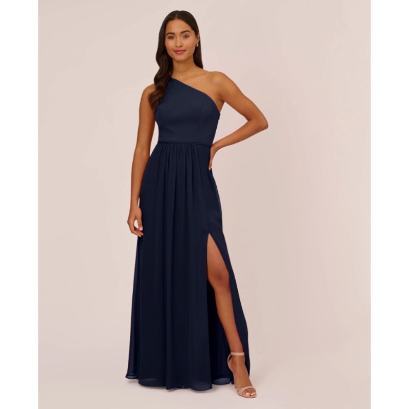 ADRIANNA PAPELL One-Shoulder Chiffon Long Gown Size 8 Midnight Blue Formal NWT