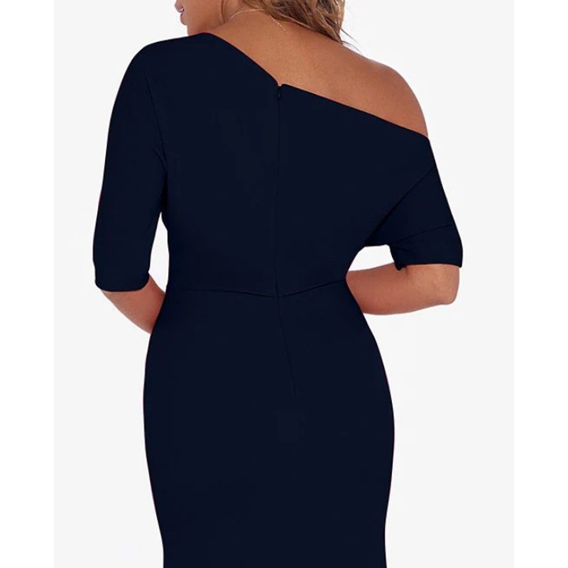 BETSY & ADAM Asymmetrical Scuba Crepe Dress Size 12 Navy Blue A25025 NWT