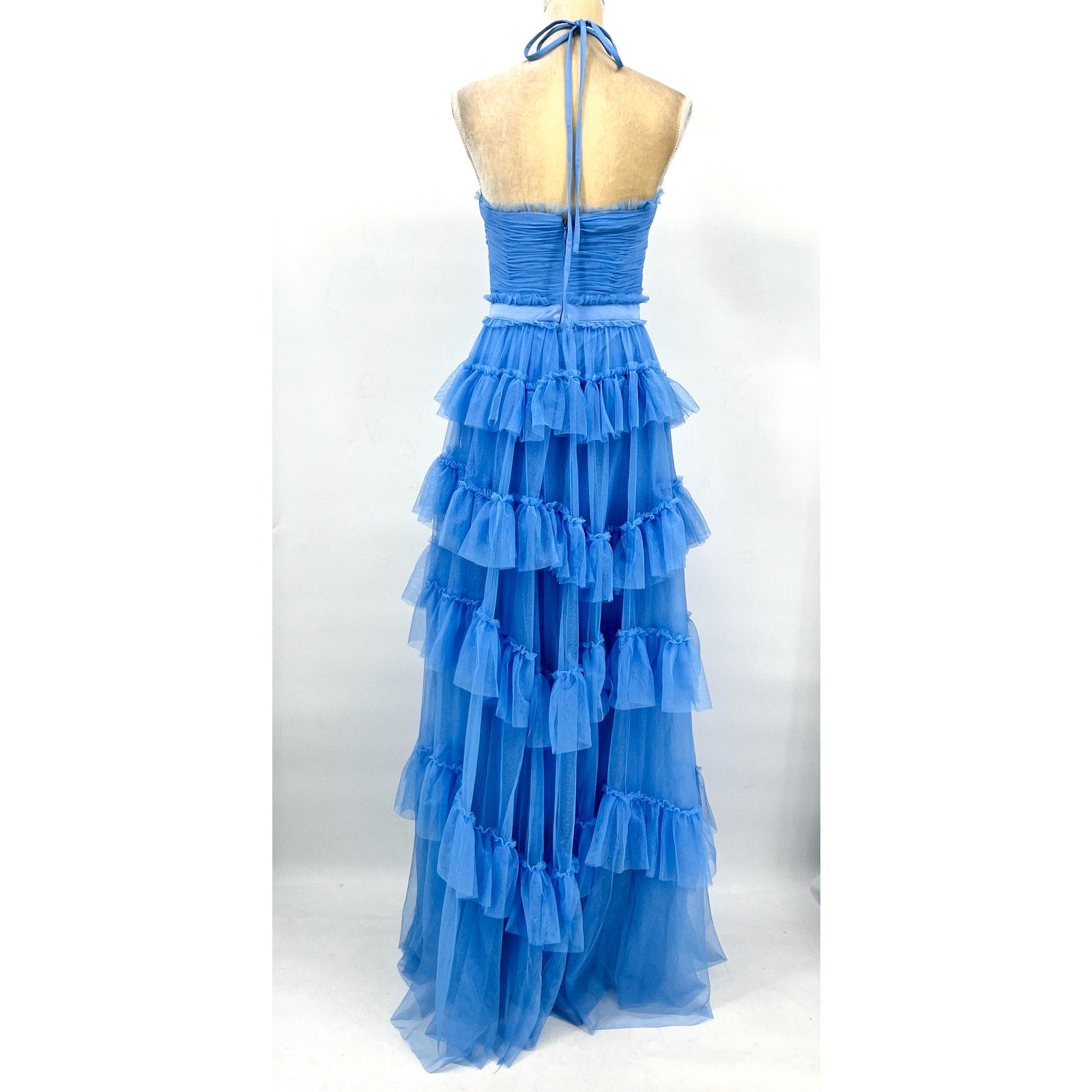 AQUA Women's Tulle Tiered Ruffle Gown Size 2 Cornflower Blue Open Back Dress NWT