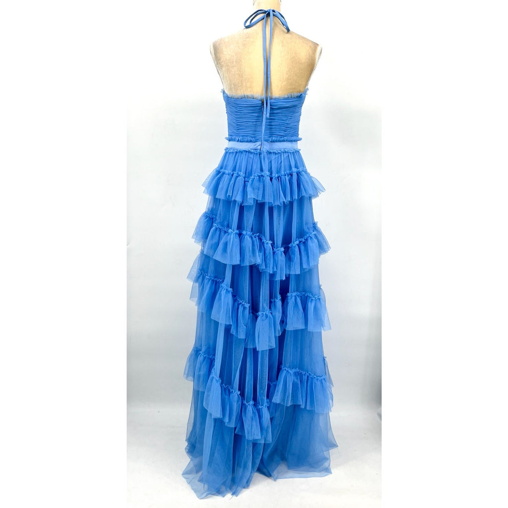 AQUA Women's Tulle Tiered Ruffle Gown Size 2 Cornflower Blue Open Back Dress NWT