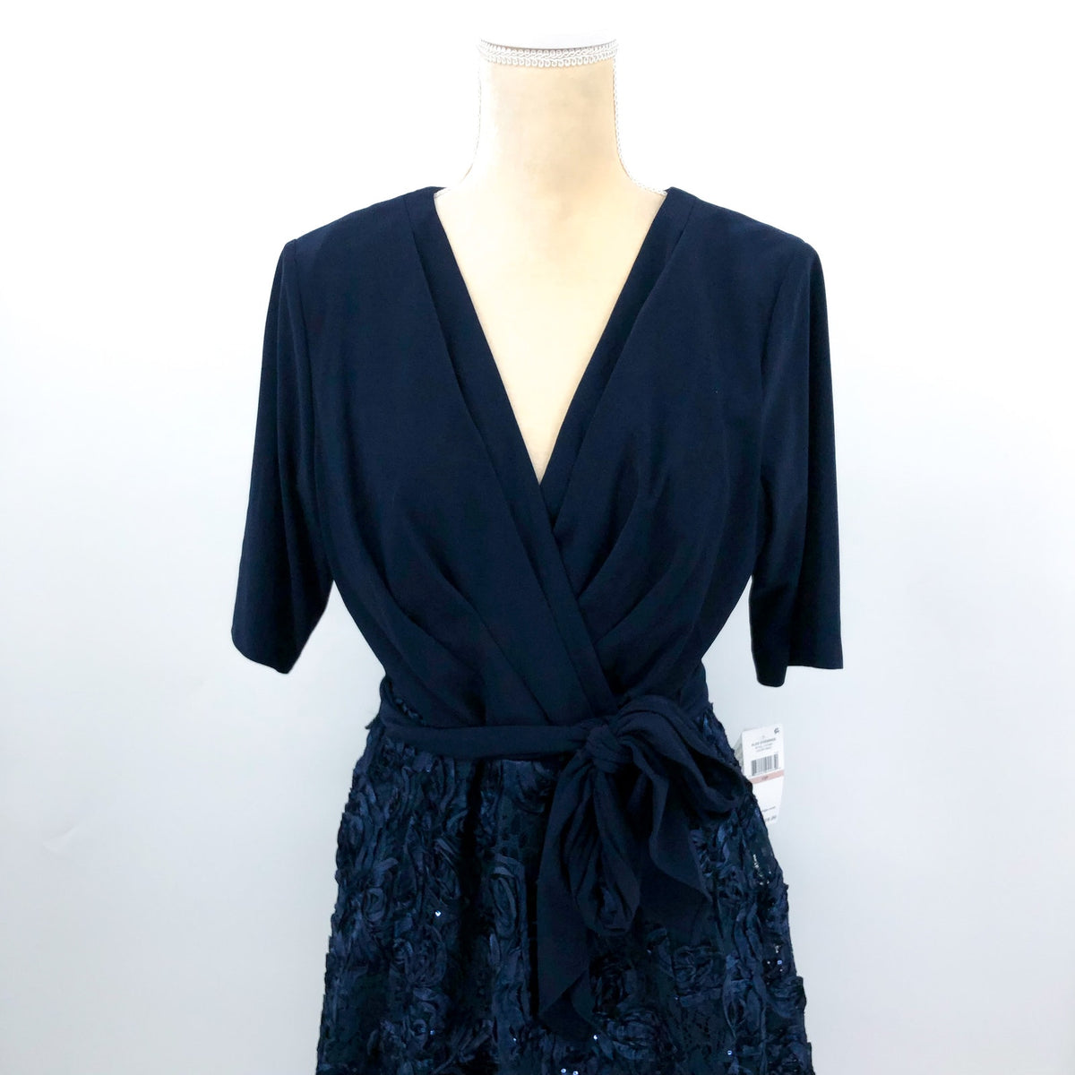 ALEX EVENINGS Womens Tea Length Soutache Dress Size 12 Petite Navy Blue Belt NWT