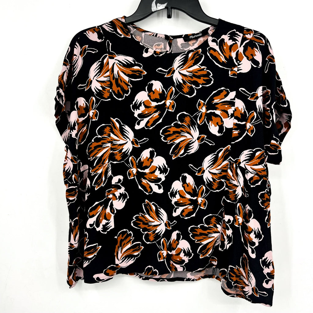 MADEWELL Womens Shirred Top Small Black Duskblossom Floral Short Sleeve NWOT