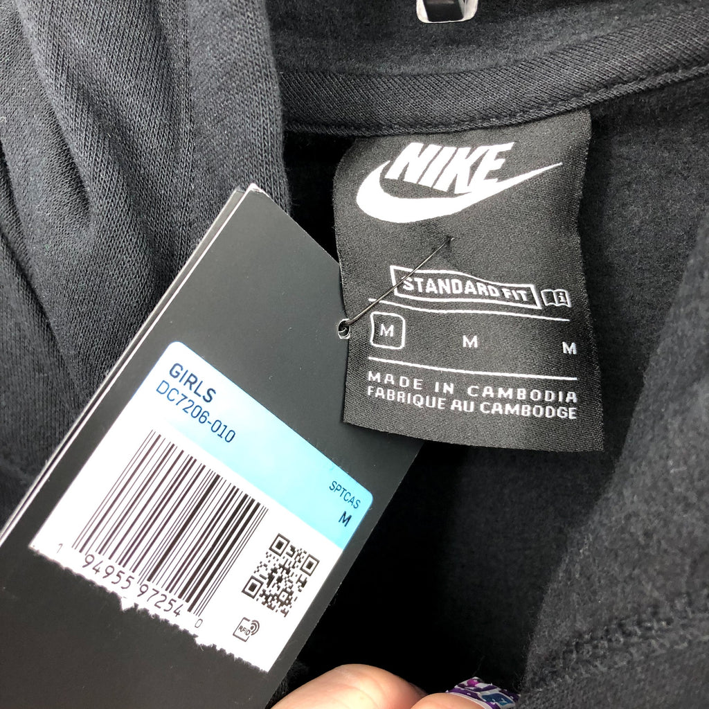 NIKE Girls Club Fleece Pullover Hoodie Medium Black White Sweatshirt NWT