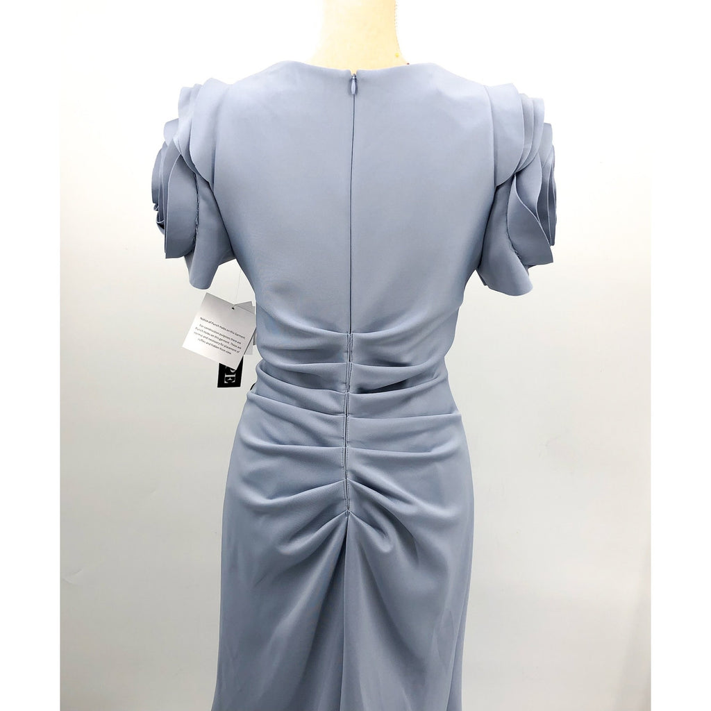 XSCAPE Rosette Ruched Sheath Gown Size 12 Sky Blue Short Sleeve Floral 4721X NWT