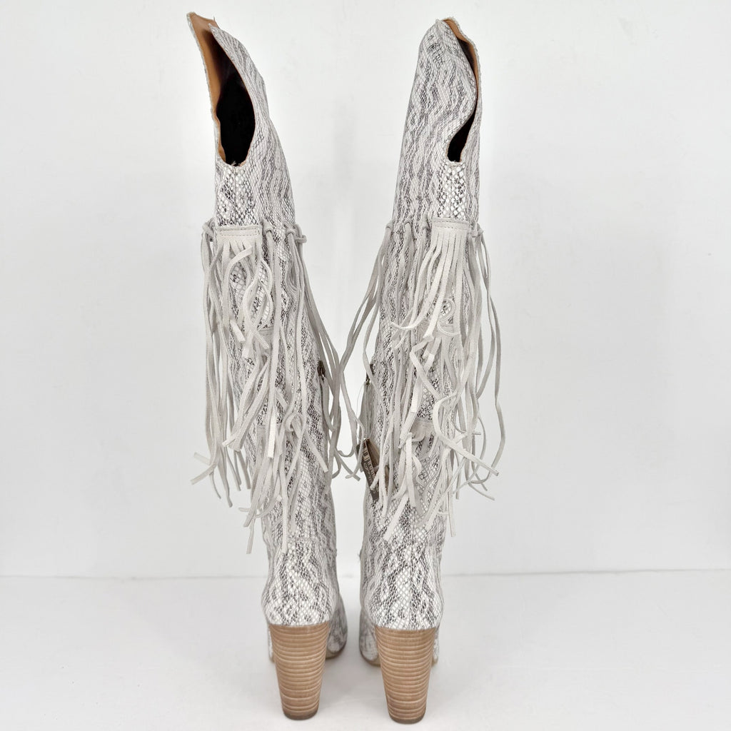 DINGO Womens Kitty Kat Fringe Cowboy Boots Size 8.5M White Snake Snip Toe NIB
