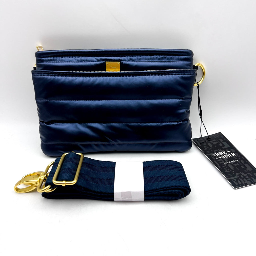 THINK ROYLN Women's Quilted Crossbody Bum Bag Small Blue Pearl Indigo NWT