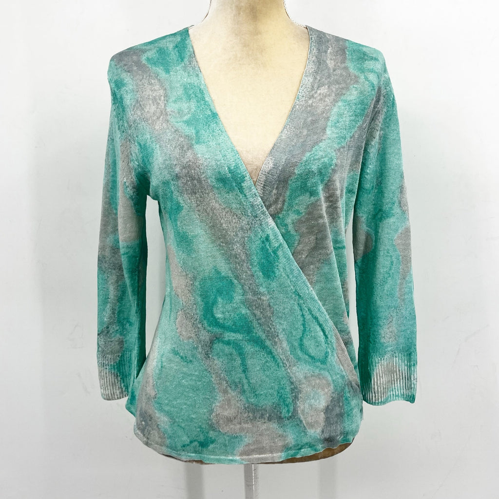NIC + ZOE Women's Watercolor Waves 4-Way Cardigan Medium Green Grey Top NWT