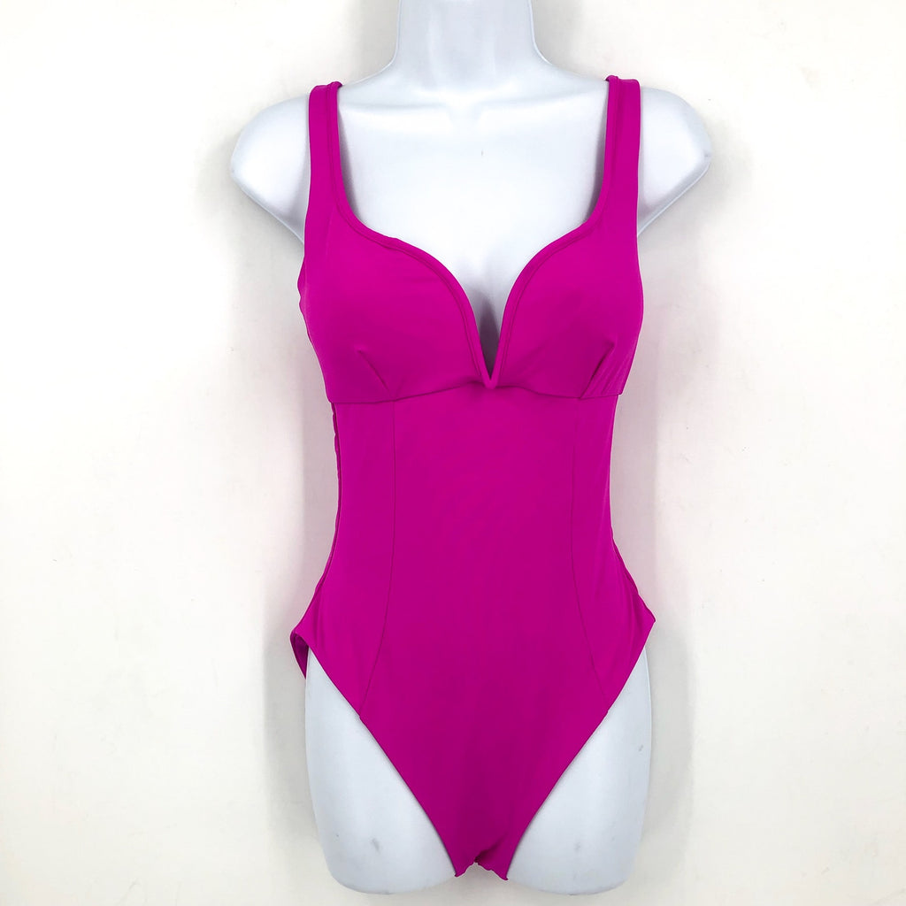BECCA Women's Color Code V-Wire One Piece Swimsuit Large Vivid Pink Stretch NWT